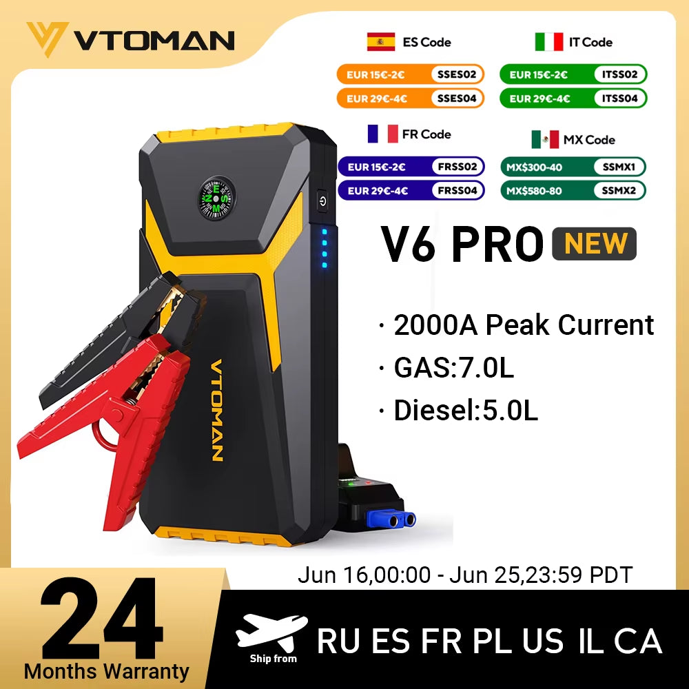 Unleash the Power with the V6 Pro 2000A Jump Starter & Power Bank - Your Ultimate Auto Emergency Companion!